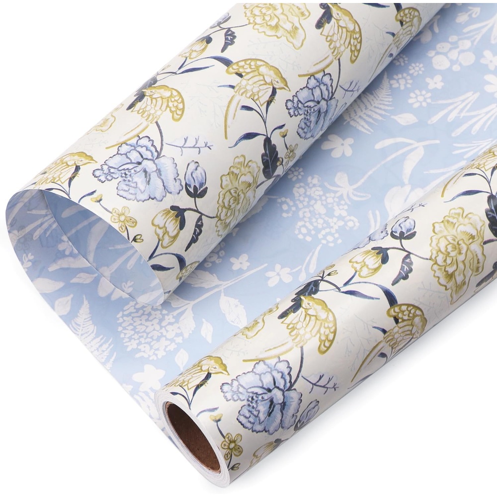 Ribbli Blue Floral Wrapping Paper Reversible Mini Roll, Gift Wrap for Wedding Bridal shower Birthday Mothers Day Women Girls Anniversary, 17 Inch x 33 Feet – Dusty Blue(Dusty Blue)