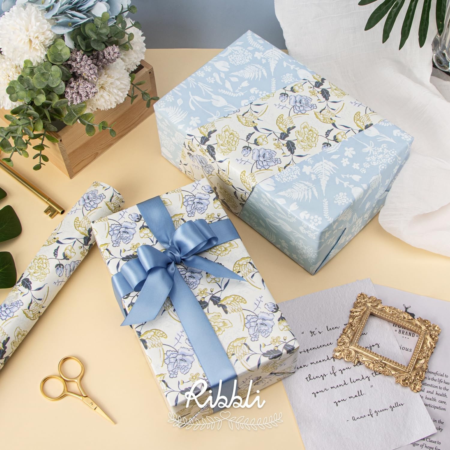 Ribbli Blue Floral Wrapping Paper Reversible Mini Roll, Gift Wrap for Wedding Bridal shower Birthday Mothers Day Women Girls Anniversary, 17 Inch x 33 Feet – Dusty Blue(Dusty Blue)