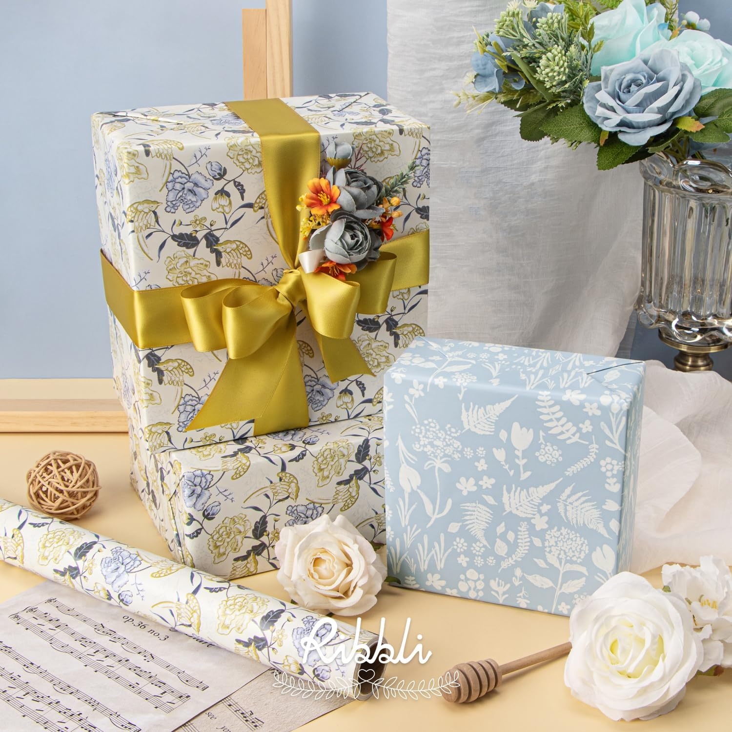 Ribbli Blue Floral Wrapping Paper Reversible Mini Roll, Gift Wrap for Wedding Bridal shower Birthday Mothers Day Women Girls Anniversary, 17 Inch x 33 Feet – Dusty Blue(Dusty Blue)