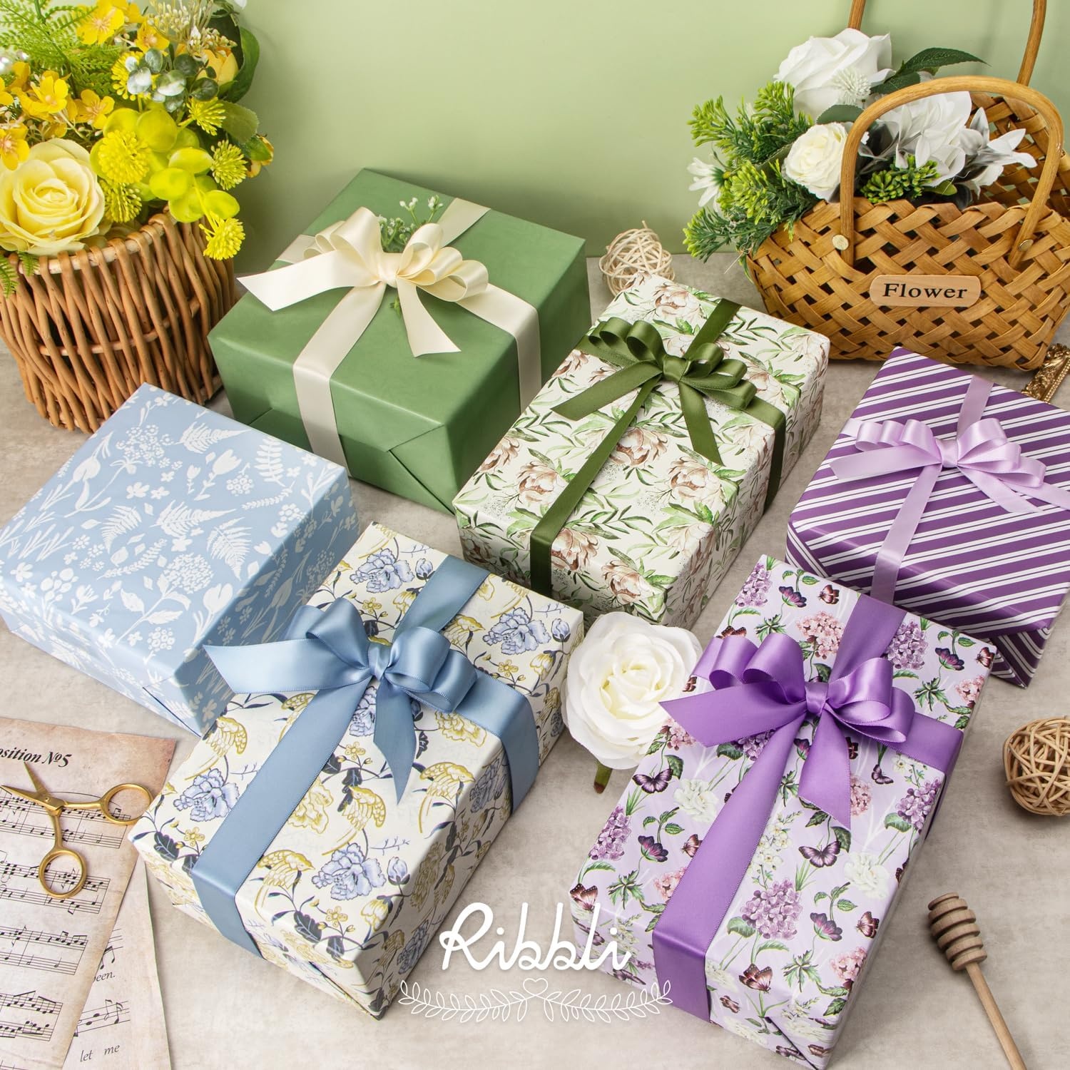 Ribbli Blue Floral Wrapping Paper Reversible Mini Roll, Gift Wrap for Wedding Bridal shower Birthday Mothers Day Women Girls Anniversary, 17 Inch x 33 Feet – Dusty Blue(Dusty Blue)