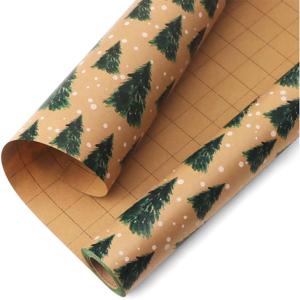 Ribbli Christmas Wrapping Paper Jumbo Roll Vintage Christmas Tree Kraft Gift Wrapping Paper Rolls 30 Inch x 33 Feet Per Roll for Holiday Presents Decoration(Brown/Green)