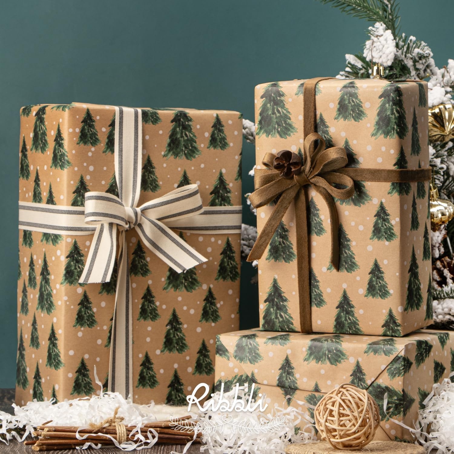 Ribbli Christmas Wrapping Paper Jumbo Roll Vintage Christmas Tree Kraft Gift Wrapping Paper Rolls 30 Inch x 33 Feet Per Roll for Holiday Presents Decoration(Brown/Green)