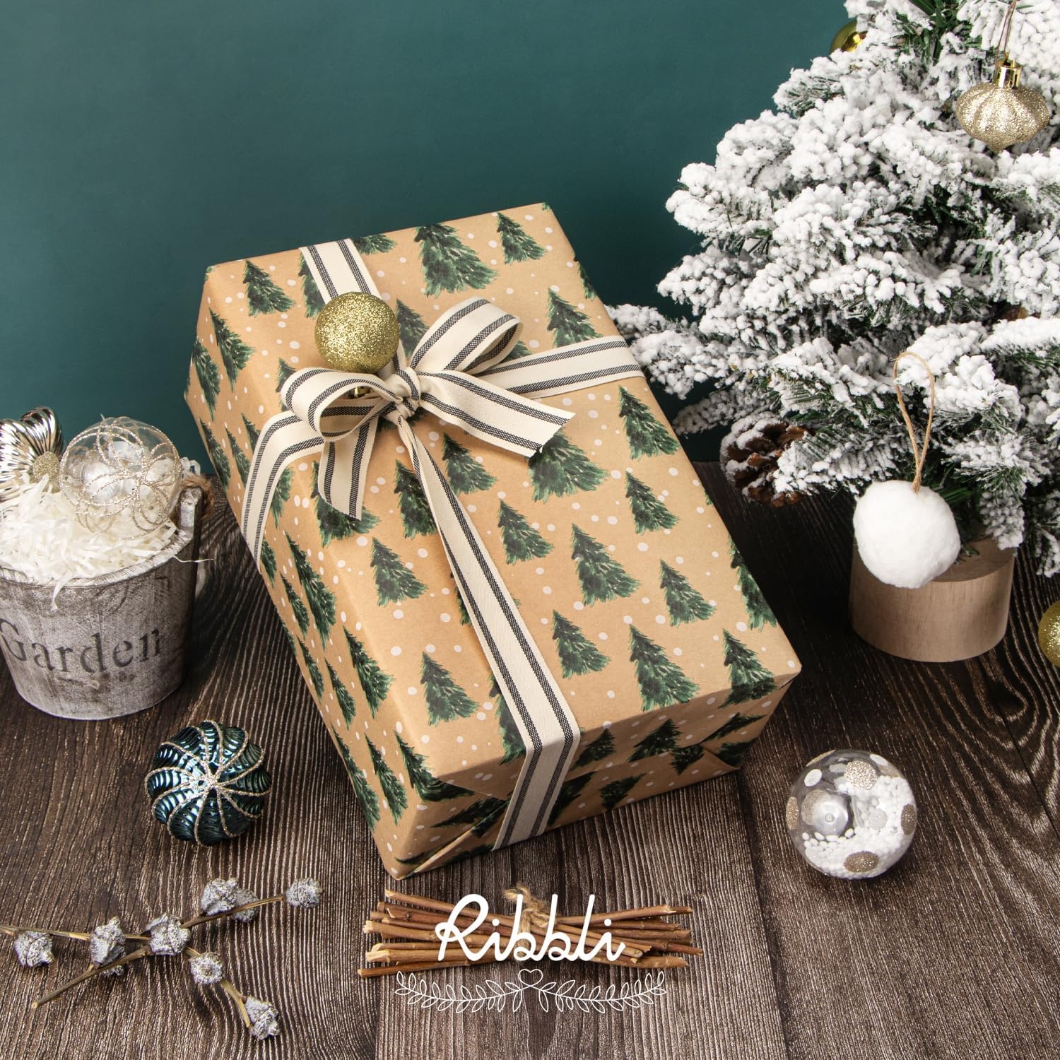Ribbli Christmas Wrapping Paper Jumbo Roll Vintage Christmas Tree Kraft Gift Wrapping Paper Rolls 30 Inch x 33 Feet Per Roll for Holiday Presents Decoration(Brown/Green)