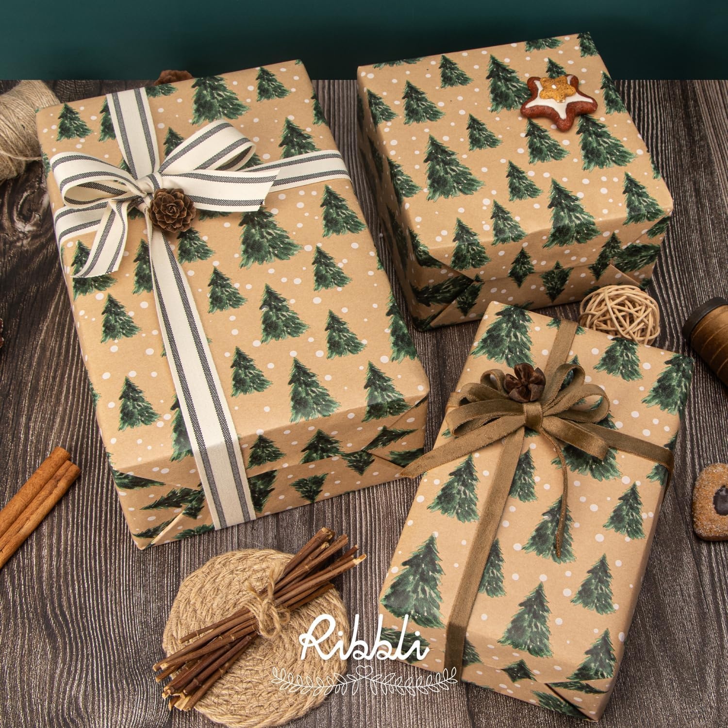 Ribbli Christmas Wrapping Paper Jumbo Roll Vintage Christmas Tree Kraft Gift Wrapping Paper Rolls 30 Inch x 33 Feet Per Roll for Holiday Presents Decoration(Brown/Green)