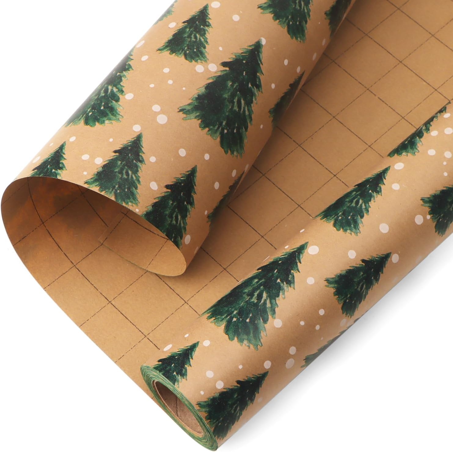 Ribbli Christmas Wrapping Paper Jumbo Roll Vintage Christmas Tree Kraft Gift Wrapping Paper Rolls 30 Inch x 33 Feet Per Roll for Holiday Presents Decoration(Brown/Green)
