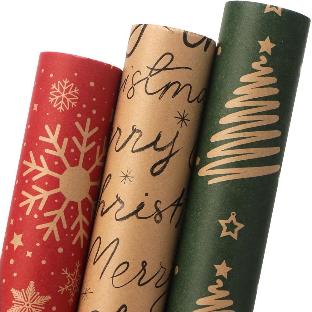 Ribbli Christmas Wrapping Paper Mini Roll Red Green Kraft Paper Merry Christmas Snowflakes Tree 3 Rolls Vintage Printed Assortment – 17 inch x 120 inch(10feet) Per Roll(Red/Black/Green)