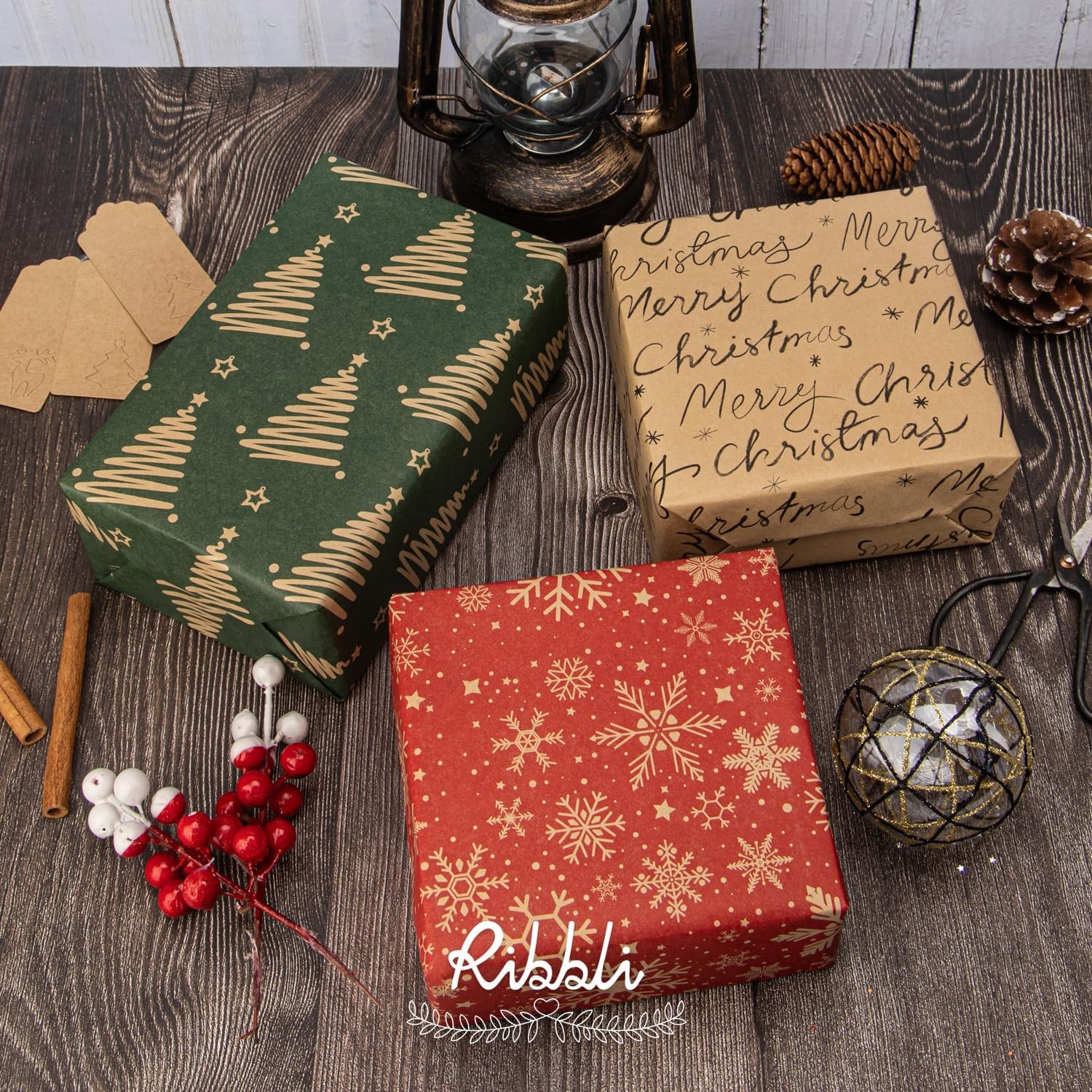 Ribbli Christmas Wrapping Paper Mini Roll Red Green Kraft Paper Merry Christmas Snowflakes Tree 3 Rolls Vintage Printed Assortment – 17 inch x 120 inch(10feet) Per Roll(Red/Black/Green)
