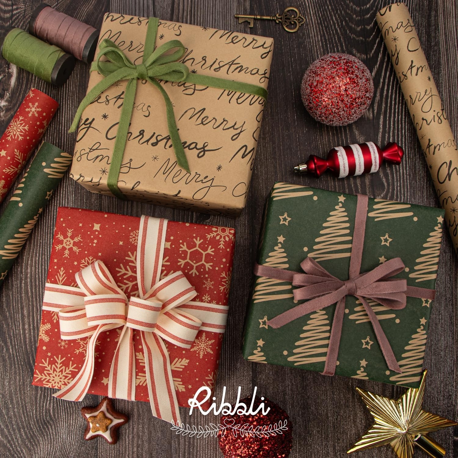 Ribbli Christmas Wrapping Paper Mini Roll Red Green Kraft Paper Merry Christmas Snowflakes Tree 3 Rolls Vintage Printed Assortment – 17 inch x 120 inch(10feet) Per Roll(Red/Black/Green)
