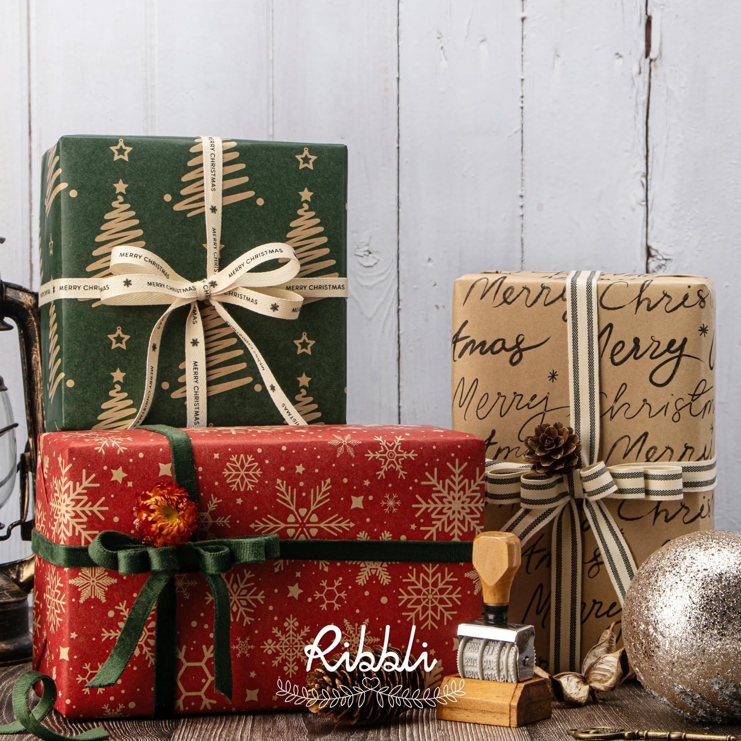 Ribbli Christmas Wrapping Paper Mini Roll Red Green Kraft Paper Merry Christmas Snowflakes Tree 3 Rolls Vintage Printed Assortment – 17 inch x 120 inch(10feet) Per Roll(Red/Black/Green)