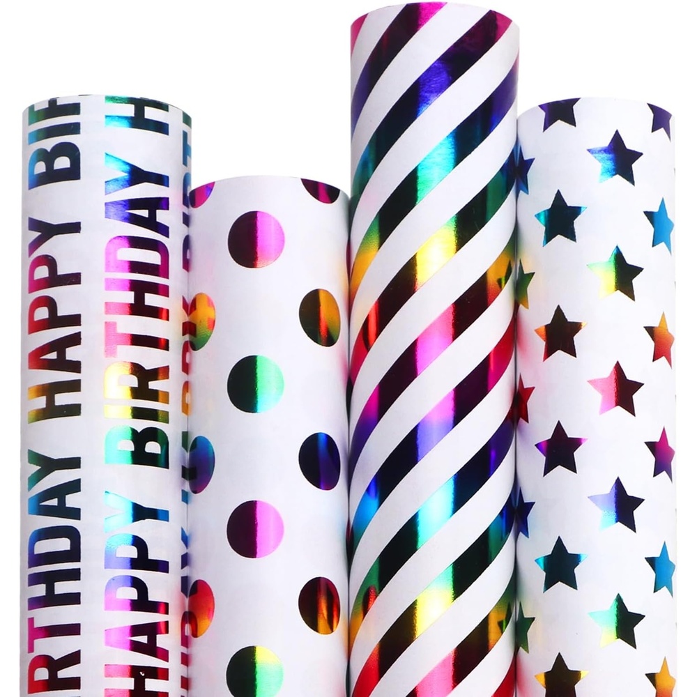 Ribbli Birthday Wrapping Paper 30 Inch Iridescent Gift Wrapping Paper 4 Rolls Happy Birthday Polka Dots Stripes Stars Printed Assortment -120 inch(10feet) Per Roll