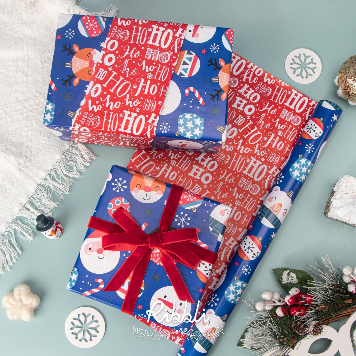Ribbli Christmas Wrapping Paper Rolls,Mini Roll-17 Inch x 33 Feet-Christmas Woods(Blue/Red)