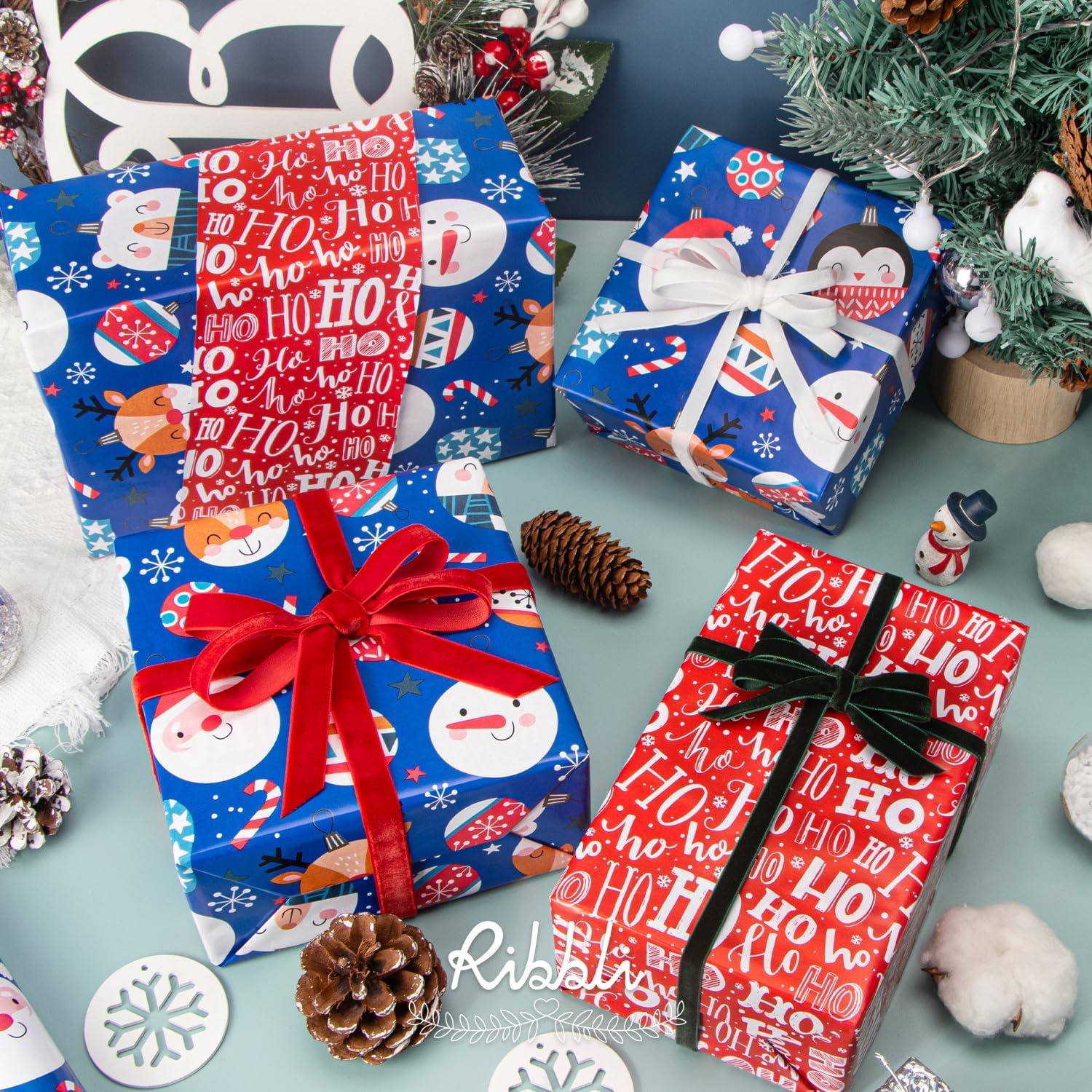 Ribbli Christmas Wrapping Paper Rolls,Mini Roll-17 Inch x 33 Feet-Christmas Woods(Blue/Red)