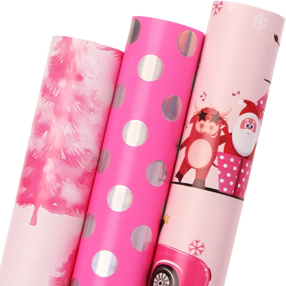 Ribbli Birthday Wrapping Paper Black and Gold Gift Wrapping Paper for Men Fathers Day Husband Boyfriend Mini Roll, 3 Rolls Stripe Geometry Pattern – 17 inch x 120 inch(10feet) Per Roll(Pink/Silver)