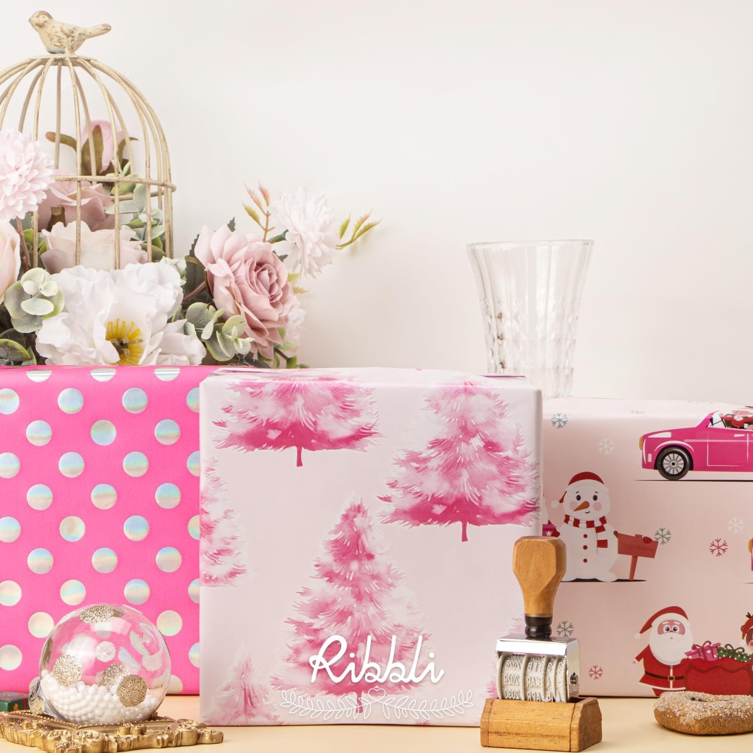 Ribbli Birthday Wrapping Paper Black and Gold Gift Wrapping Paper for Men Fathers Day Husband Boyfriend Mini Roll, 3 Rolls Stripe Geometry Pattern – 17 inch x 120 inch(10feet) Per Roll(Pink/Silver)