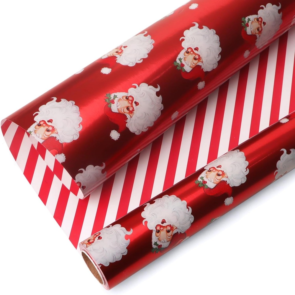 Ribbli Pink Christmas Wrapping Paper Mini Roll Metallic Foil Shine Santa Reindeer Candy Cane Gift Wrapping Paper, Mini Roll-17 Inch x 33 Feet(Santa Red/Stripe)