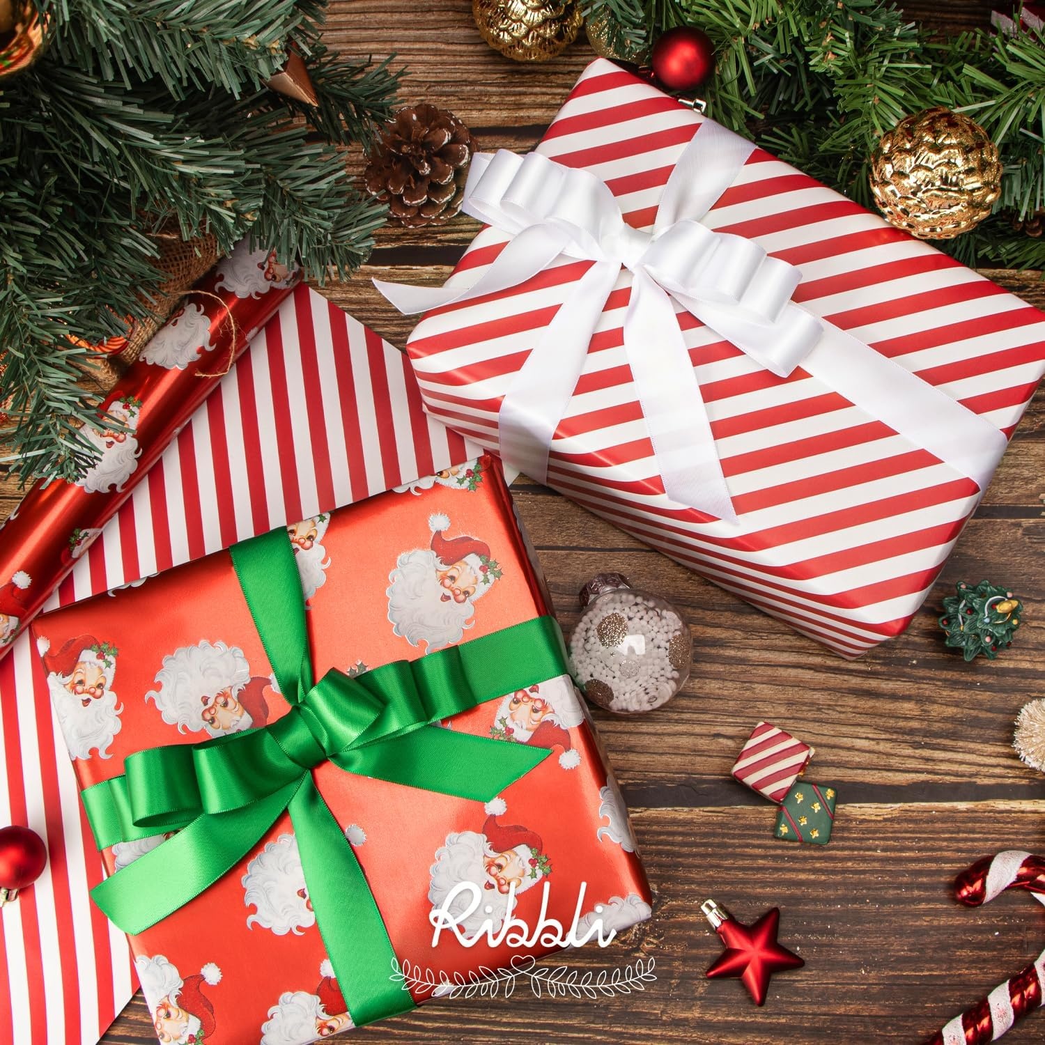Ribbli Pink Christmas Wrapping Paper Mini Roll Metallic Foil Shine Santa Reindeer Candy Cane Gift Wrapping Paper, Mini Roll-17 Inch x 33 Feet(Santa Red/Stripe)
