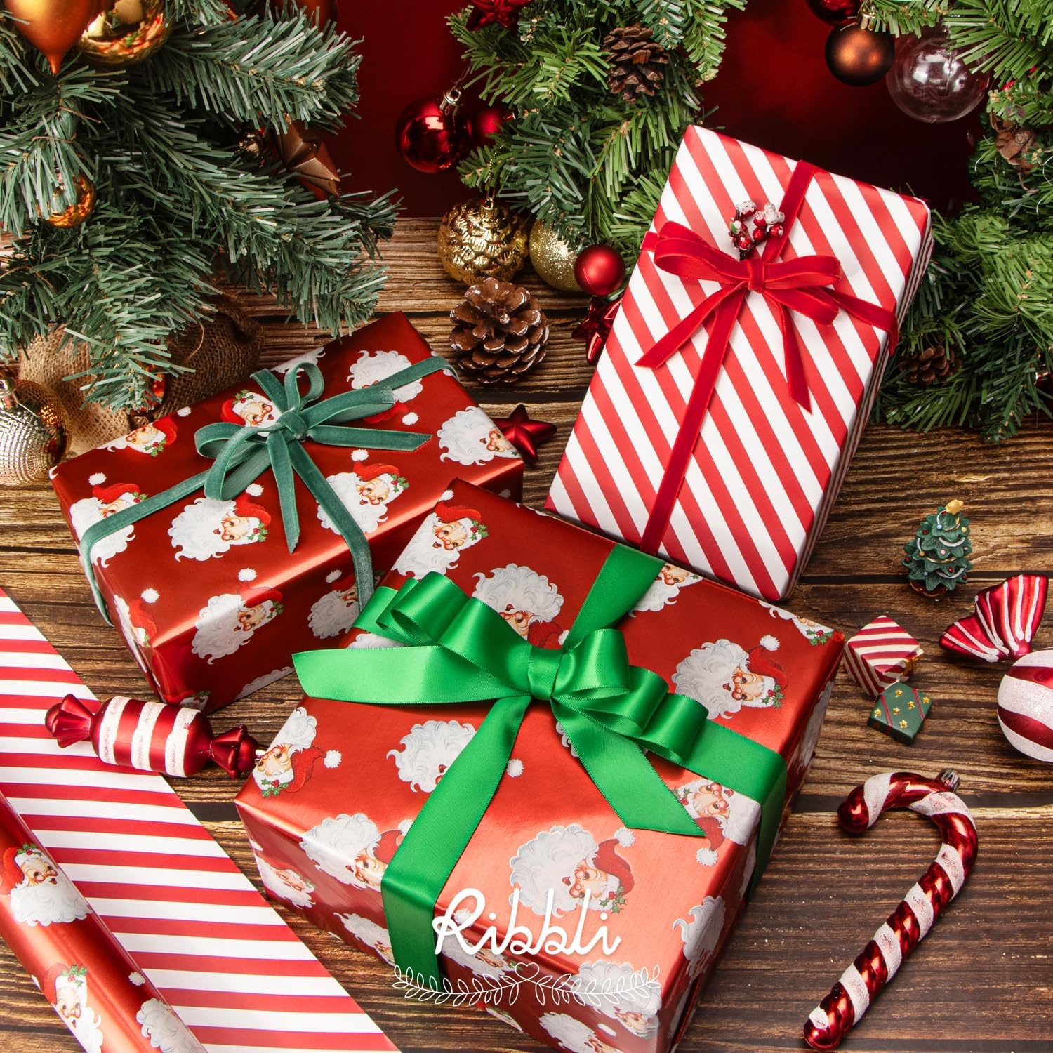 Ribbli Pink Christmas Wrapping Paper Mini Roll Metallic Foil Shine Santa Reindeer Candy Cane Gift Wrapping Paper, Mini Roll-17 Inch x 33 Feet(Santa Red/Stripe)