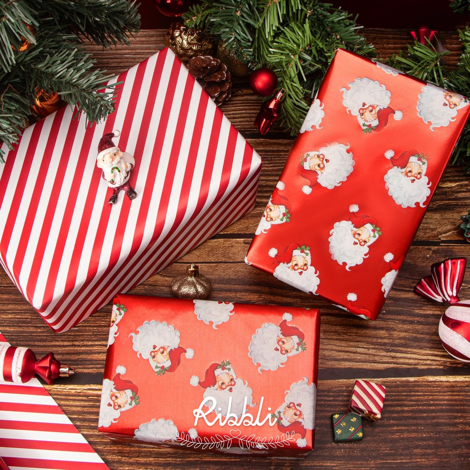 Ribbli Pink Christmas Wrapping Paper Mini Roll Metallic Foil Shine Santa Reindeer Candy Cane Gift Wrapping Paper, Mini Roll-17 Inch x 33 Feet(Santa Red/Stripe)