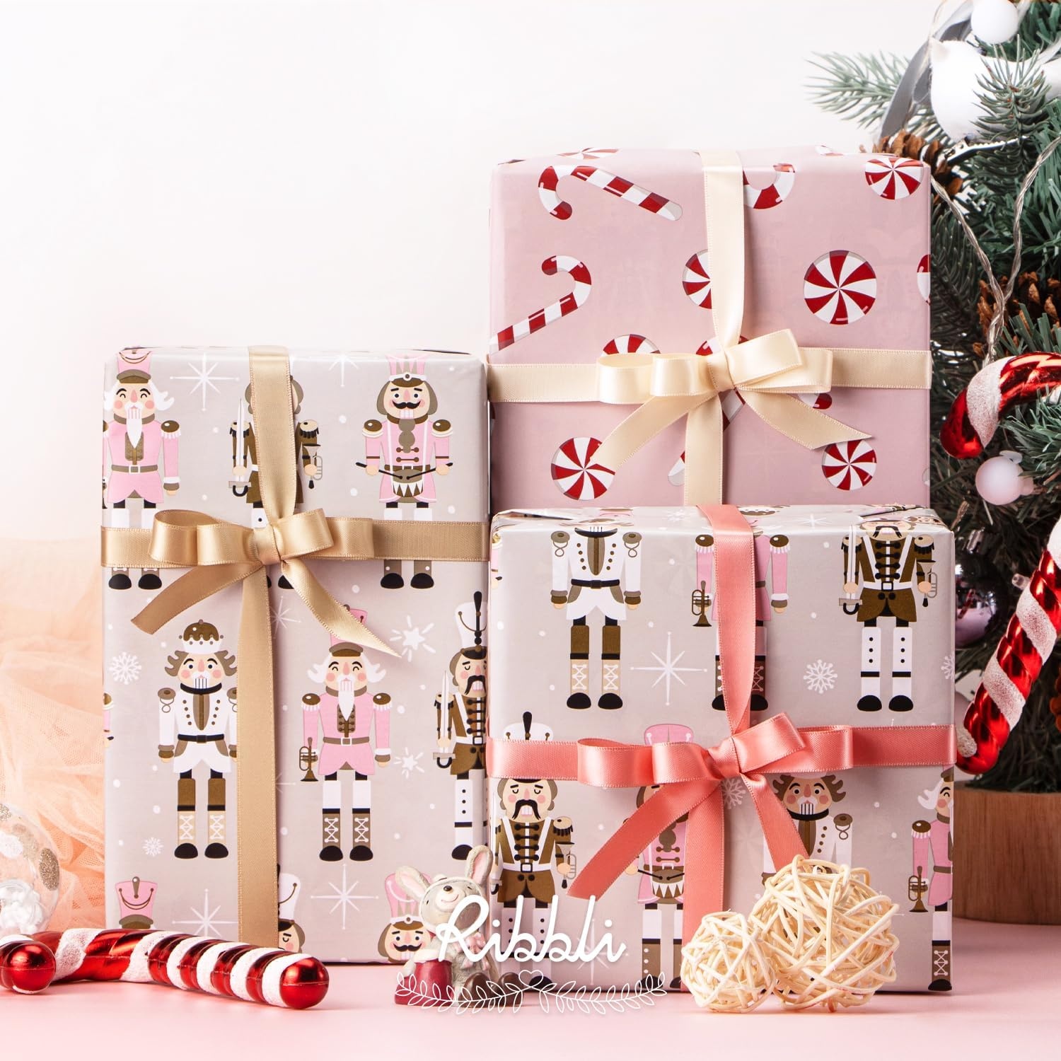 Ribbli Christmas Wrapping Paper Rolls,Mini Roll-17 Inch x 33 Feet-Christmas Woods(Pink/Red/White)