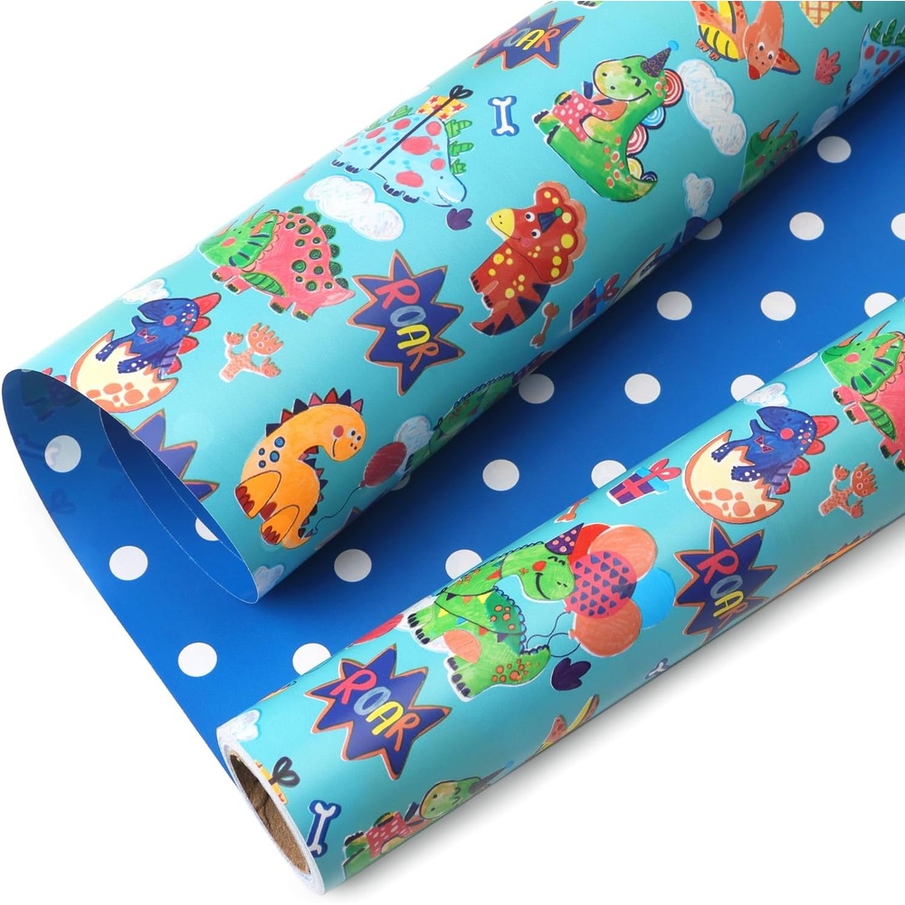 Ribbli Baby Shower Wrapping Paper, Blue Elephant with Gray Polk Dots Paper for Boy Kids Birthday Party – 17 Inch x 394 Inch (33Feet)(Aqua/Blue)