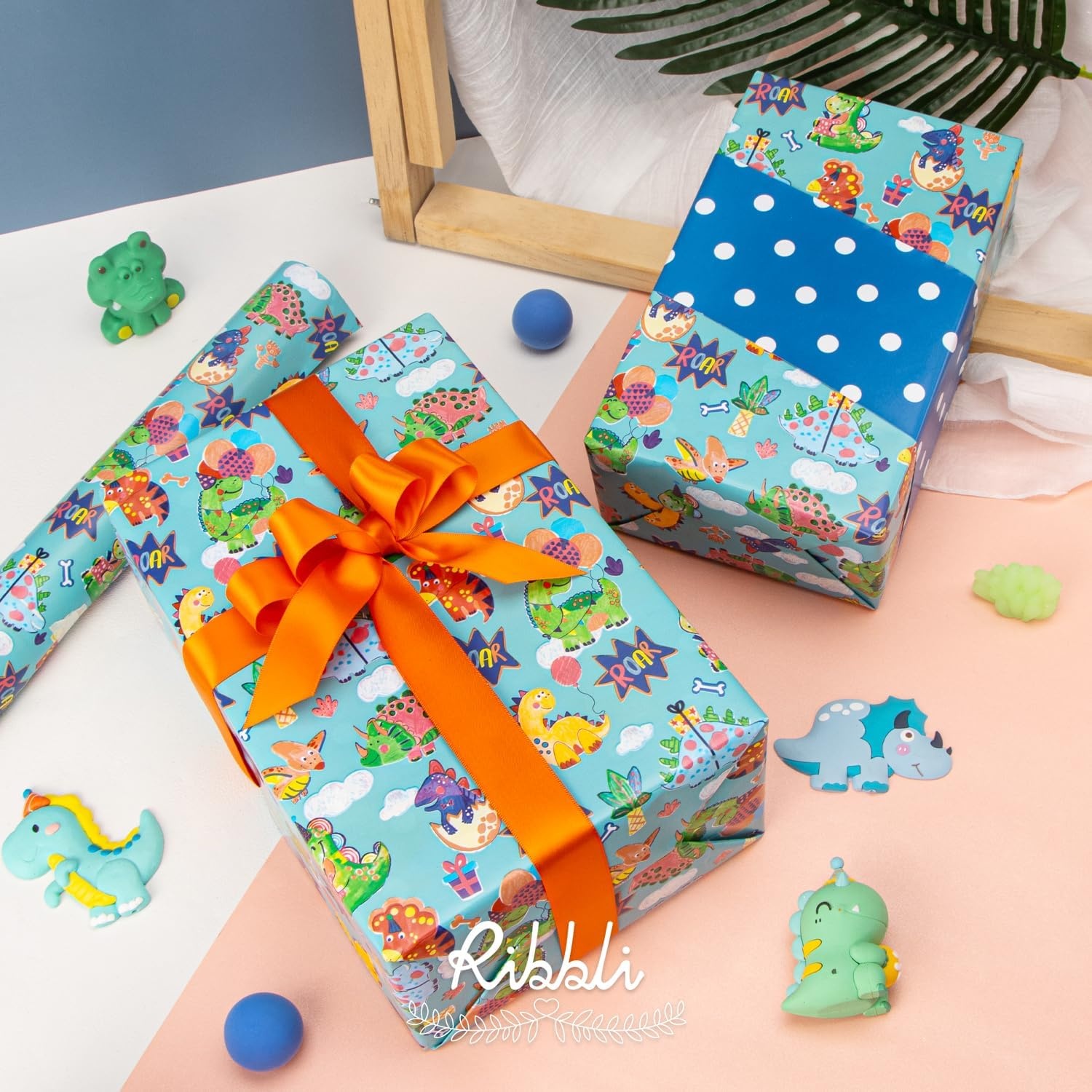 Ribbli Baby Shower Wrapping Paper, Blue Elephant with Gray Polk Dots Paper for Boy Kids Birthday Party – 17 Inch x 394 Inch (33Feet)(Aqua/Blue)