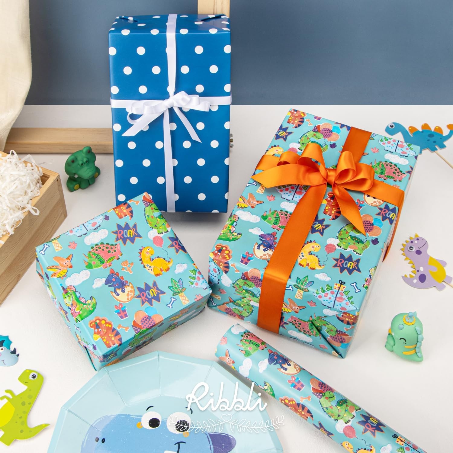 Ribbli Baby Shower Wrapping Paper, Blue Elephant with Gray Polk Dots Paper for Boy Kids Birthday Party – 17 Inch x 394 Inch (33Feet)(Aqua/Blue)