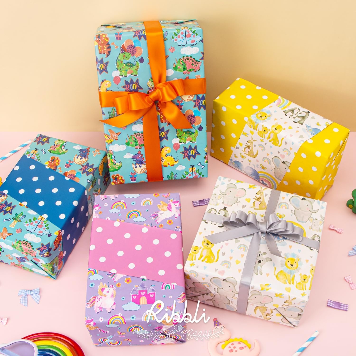 Ribbli Baby Shower Wrapping Paper, Blue Elephant with Gray Polk Dots Paper for Boy Kids Birthday Party – 17 Inch x 394 Inch (33Feet)(Aqua/Blue)