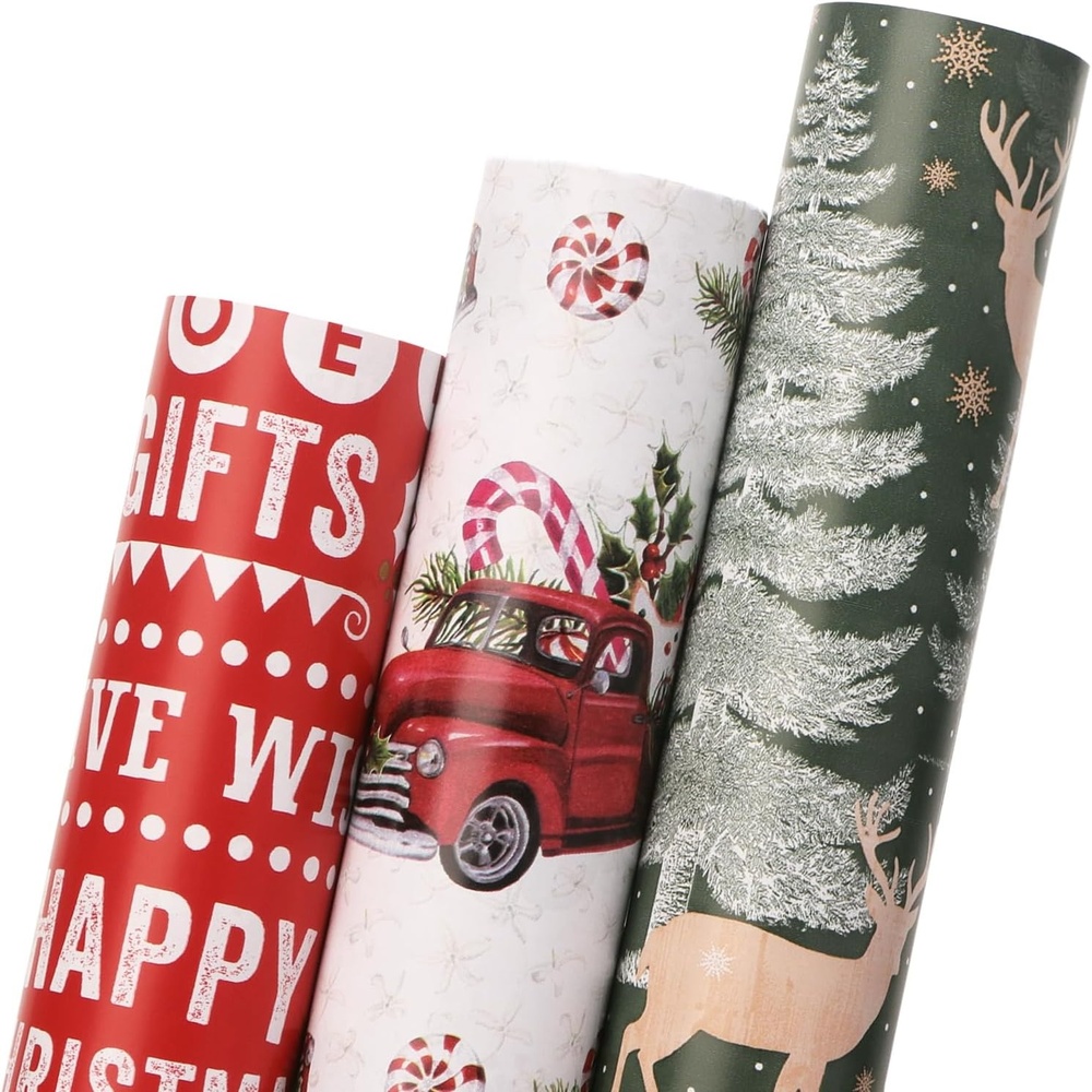 Ribbli Christmas Wrapping Paper Red White Green 3 Rolls Christmas Printed Assortment Gift Wrap Paper for Kids- Mini Roll 17 inch x 120 inch(10feet) Per Roll(Vintage Red/White/Green)