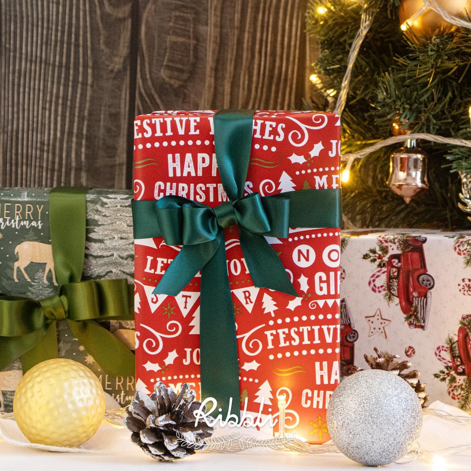 Ribbli Christmas Wrapping Paper Red White Green 3 Rolls Christmas Printed Assortment Gift Wrap Paper for Kids- Mini Roll 17 inch x 120 inch(10feet) Per Roll(Vintage Red/White/Green)