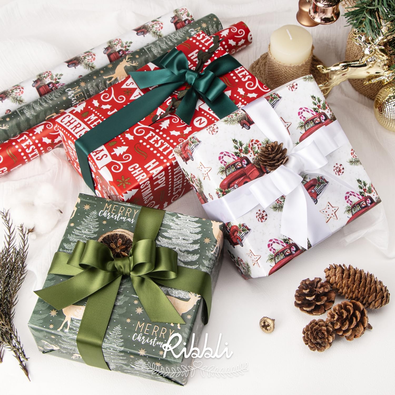 Ribbli Christmas Wrapping Paper Red White Green 3 Rolls Christmas Printed Assortment Gift Wrap Paper for Kids- Mini Roll 17 inch x 120 inch(10feet) Per Roll(Vintage Red/White/Green)