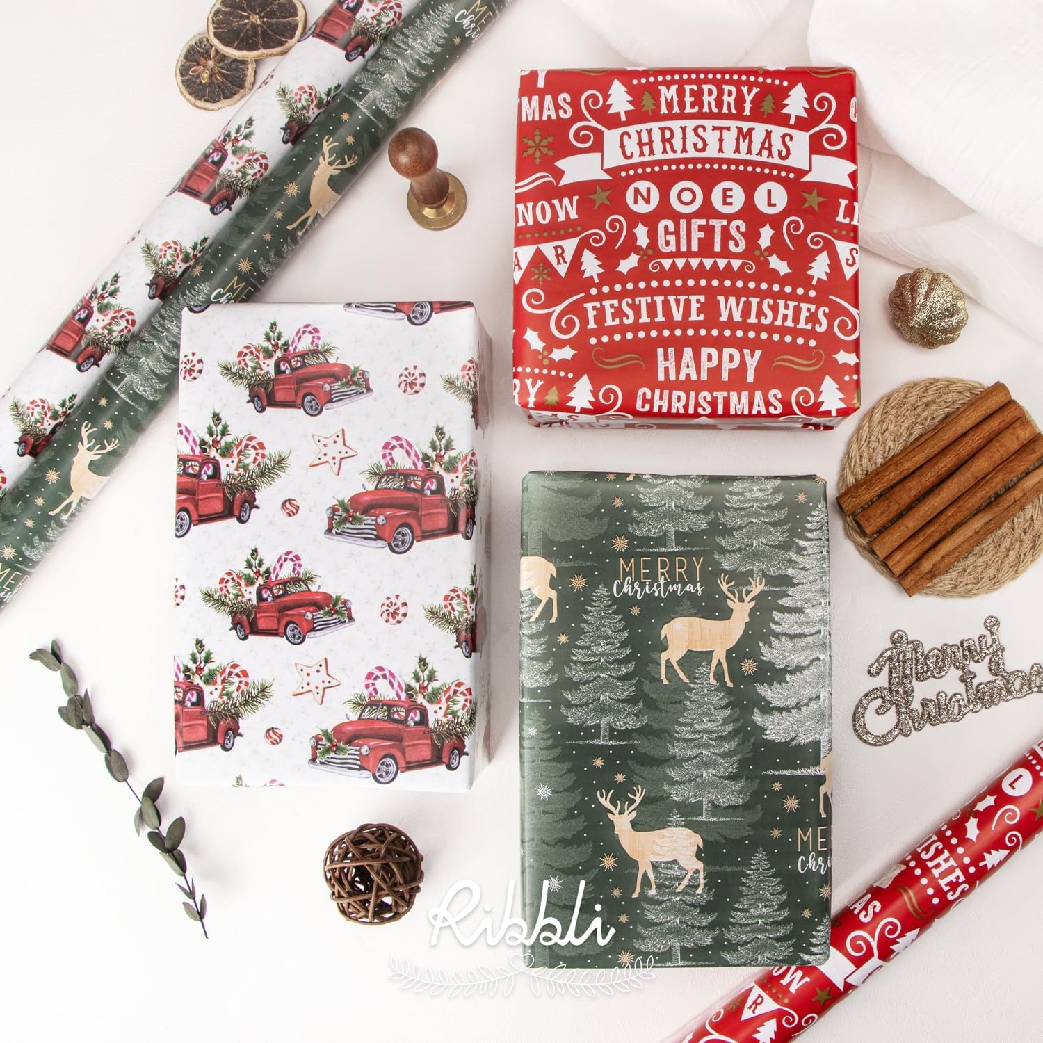 Ribbli Christmas Wrapping Paper Red White Green 3 Rolls Christmas Printed Assortment Gift Wrap Paper for Kids- Mini Roll 17 inch x 120 inch(10feet) Per Roll(Vintage Red/White/Green)