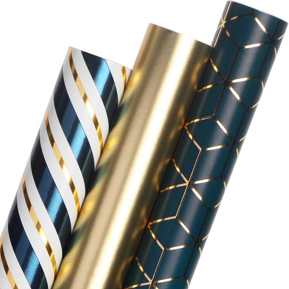 Ribbli Floral Wrapping Paper Mini Roll, 3 Rolls Dusty Blue Vintage Flower Gift Wrap for Mother’s Day Women Girl Friend Wedding – 17 inch x 120 inch(10feet) Per Roll(Teal/Gold)