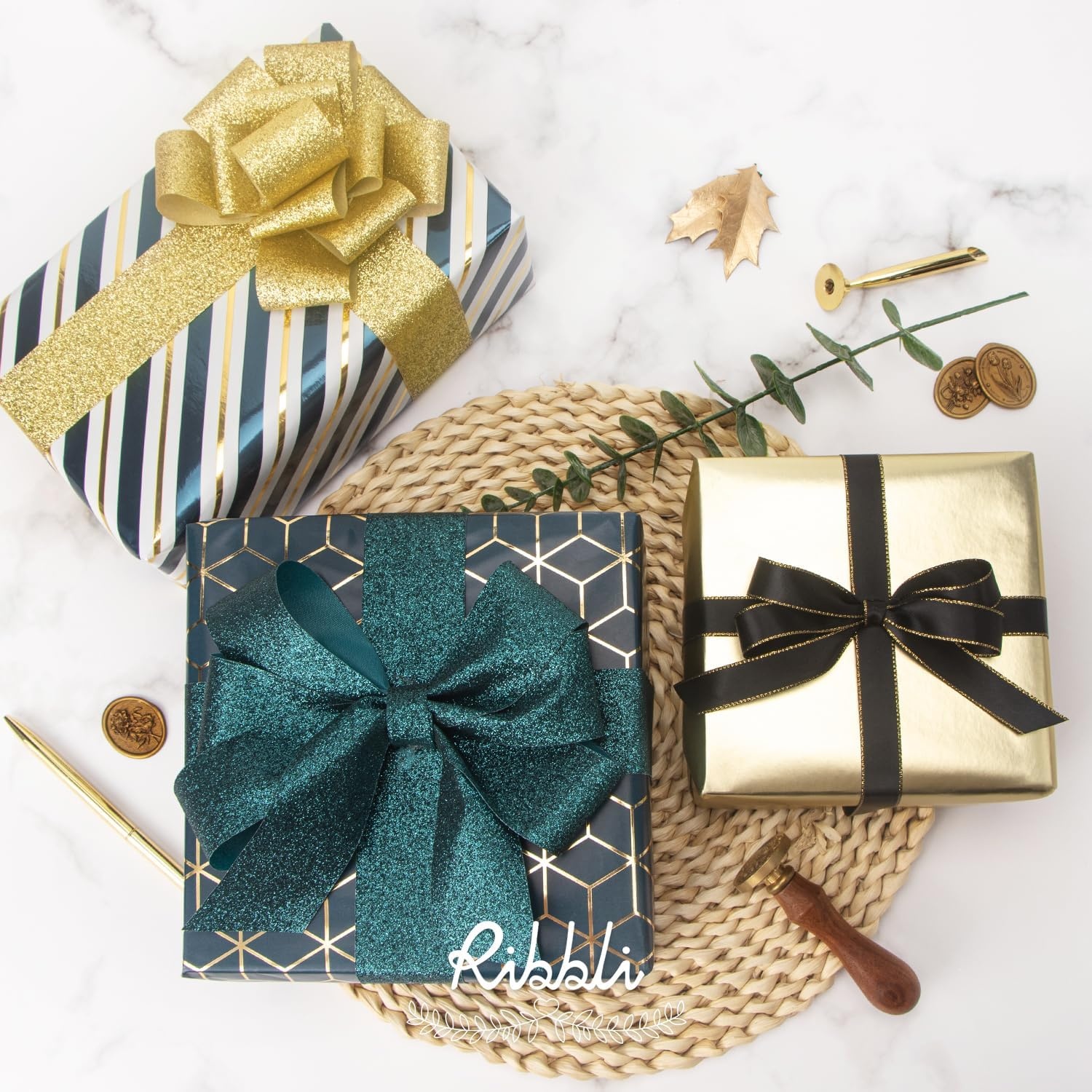 Ribbli Floral Wrapping Paper Mini Roll, 3 Rolls Dusty Blue Vintage Flower Gift Wrap for Mother’s Day Women Girl Friend Wedding – 17 inch x 120 inch(10feet) Per Roll(Teal/Gold)