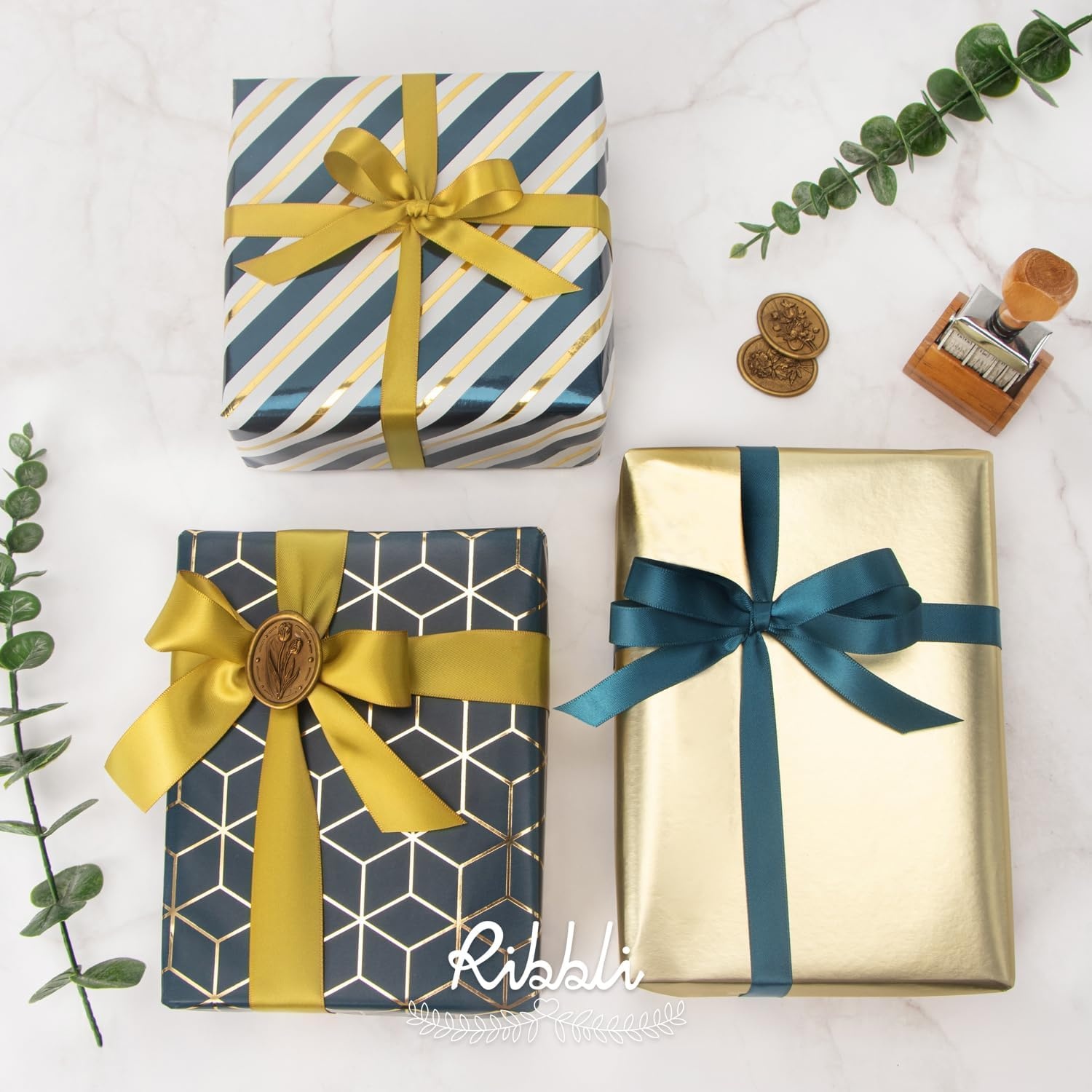 Ribbli Floral Wrapping Paper Mini Roll, 3 Rolls Dusty Blue Vintage Flower Gift Wrap for Mother’s Day Women Girl Friend Wedding – 17 inch x 120 inch(10feet) Per Roll(Teal/Gold)