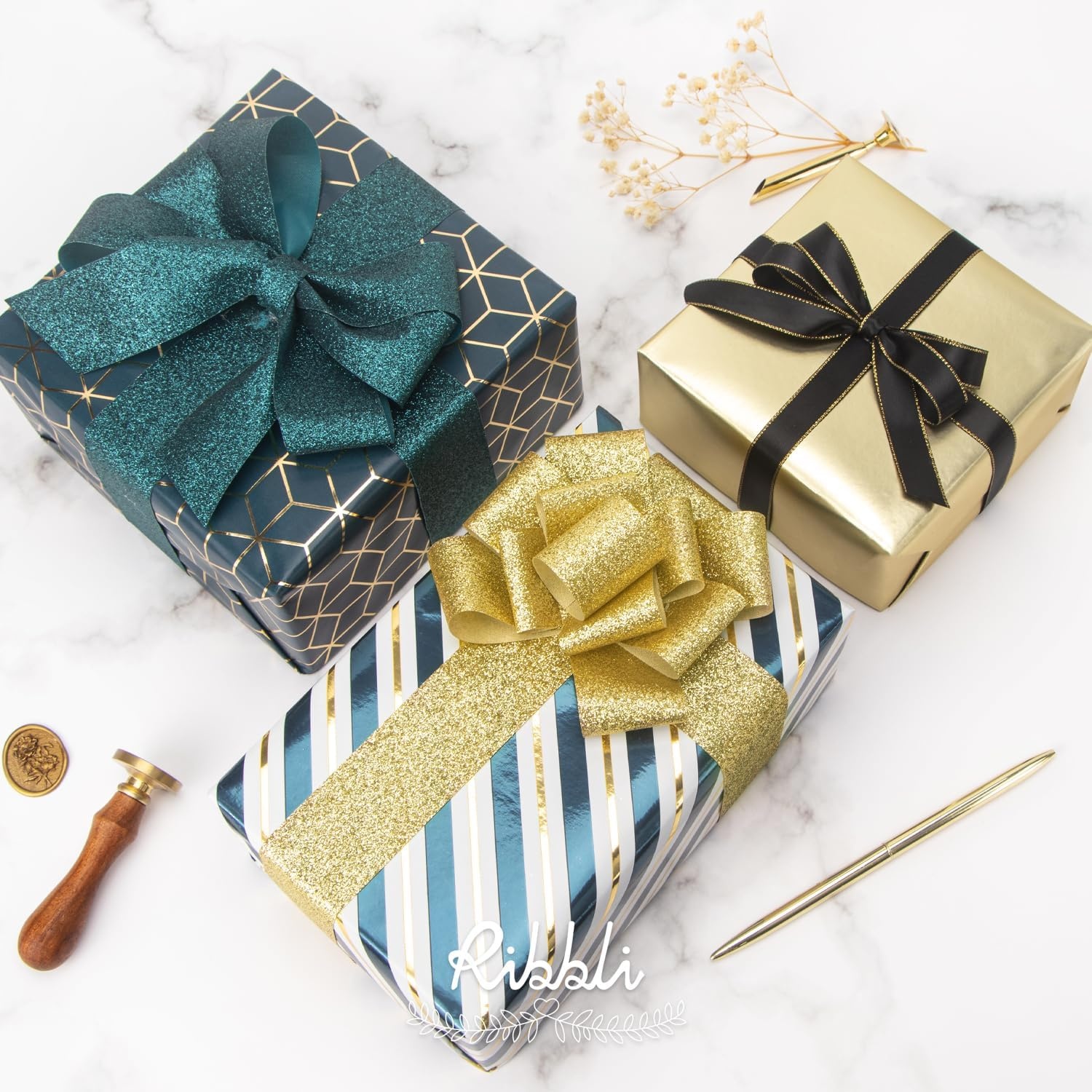 Ribbli Floral Wrapping Paper Mini Roll, 3 Rolls Dusty Blue Vintage Flower Gift Wrap for Mother’s Day Women Girl Friend Wedding – 17 inch x 120 inch(10feet) Per Roll(Teal/Gold)