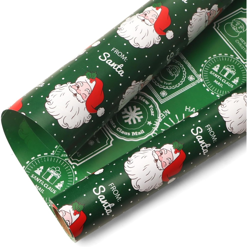 Ribbli Pink Christmas Wrapping Paper Mini Roll Metallic Foil Shine Santa Reindeer Candy Cane Gift Wrapping Paper, Mini Roll-17 Inch x 33 Feet(Santa Green/Stamp)