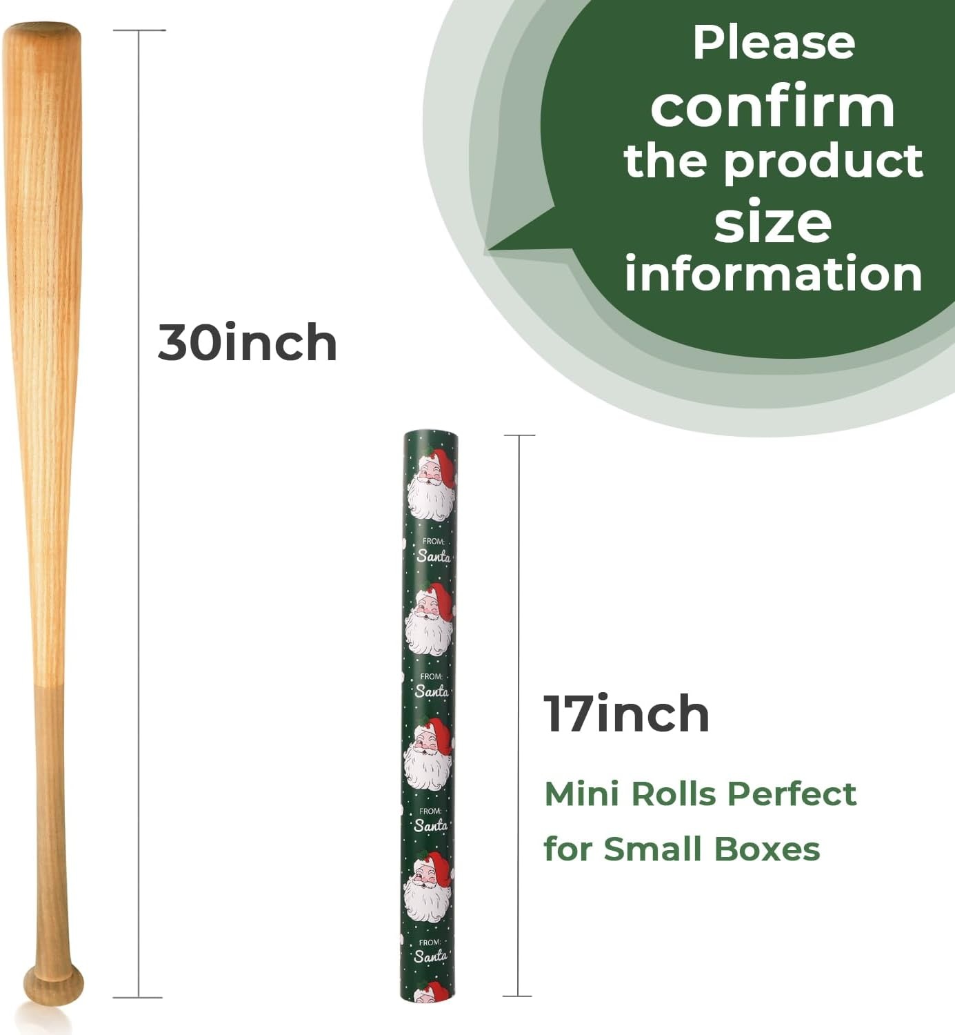 Ribbli Pink Christmas Wrapping Paper Mini Roll Metallic Foil Shine Santa Reindeer Candy Cane Gift Wrapping Paper, Mini Roll-17 Inch x 33 Feet(Santa Green/Stamp)