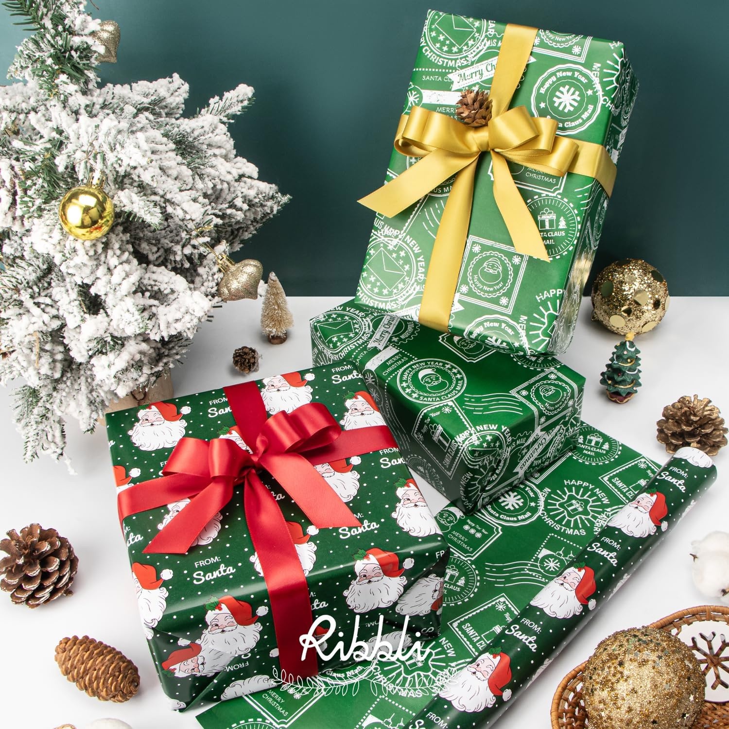 Ribbli Pink Christmas Wrapping Paper Mini Roll Metallic Foil Shine Santa Reindeer Candy Cane Gift Wrapping Paper, Mini Roll-17 Inch x 33 Feet(Santa Green/Stamp)