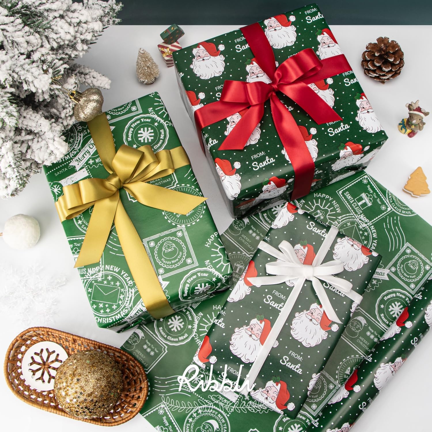 Ribbli Pink Christmas Wrapping Paper Mini Roll Metallic Foil Shine Santa Reindeer Candy Cane Gift Wrapping Paper, Mini Roll-17 Inch x 33 Feet(Santa Green/Stamp)