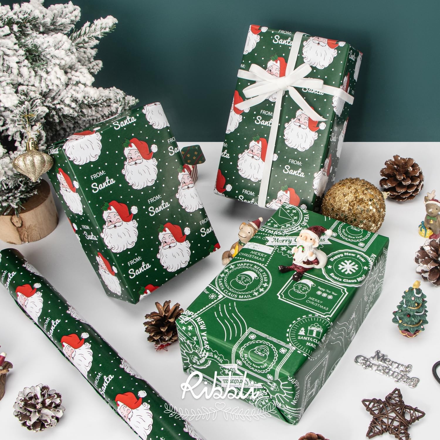 Ribbli Pink Christmas Wrapping Paper Mini Roll Metallic Foil Shine Santa Reindeer Candy Cane Gift Wrapping Paper, Mini Roll-17 Inch x 33 Feet(Santa Green/Stamp)