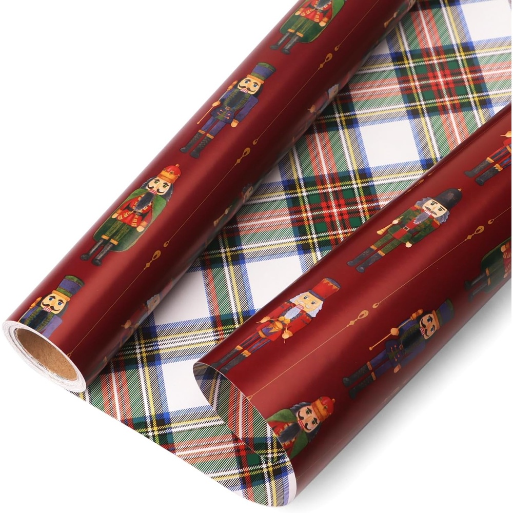 Ribbli Pink Christmas Wrapping Paper Mini Roll Metallic Foil Shine Santa Reindeer Candy Cane Gift Wrapping Paper, Mini Roll-17 Inch x 33 Feet(Nutcracker Red/Tartan)