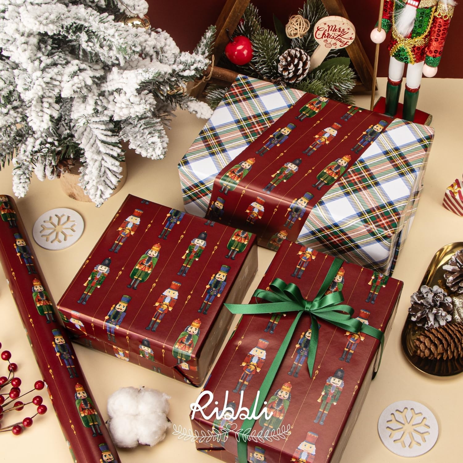 Ribbli Pink Christmas Wrapping Paper Mini Roll Metallic Foil Shine Santa Reindeer Candy Cane Gift Wrapping Paper, Mini Roll-17 Inch x 33 Feet(Nutcracker Red/Tartan)