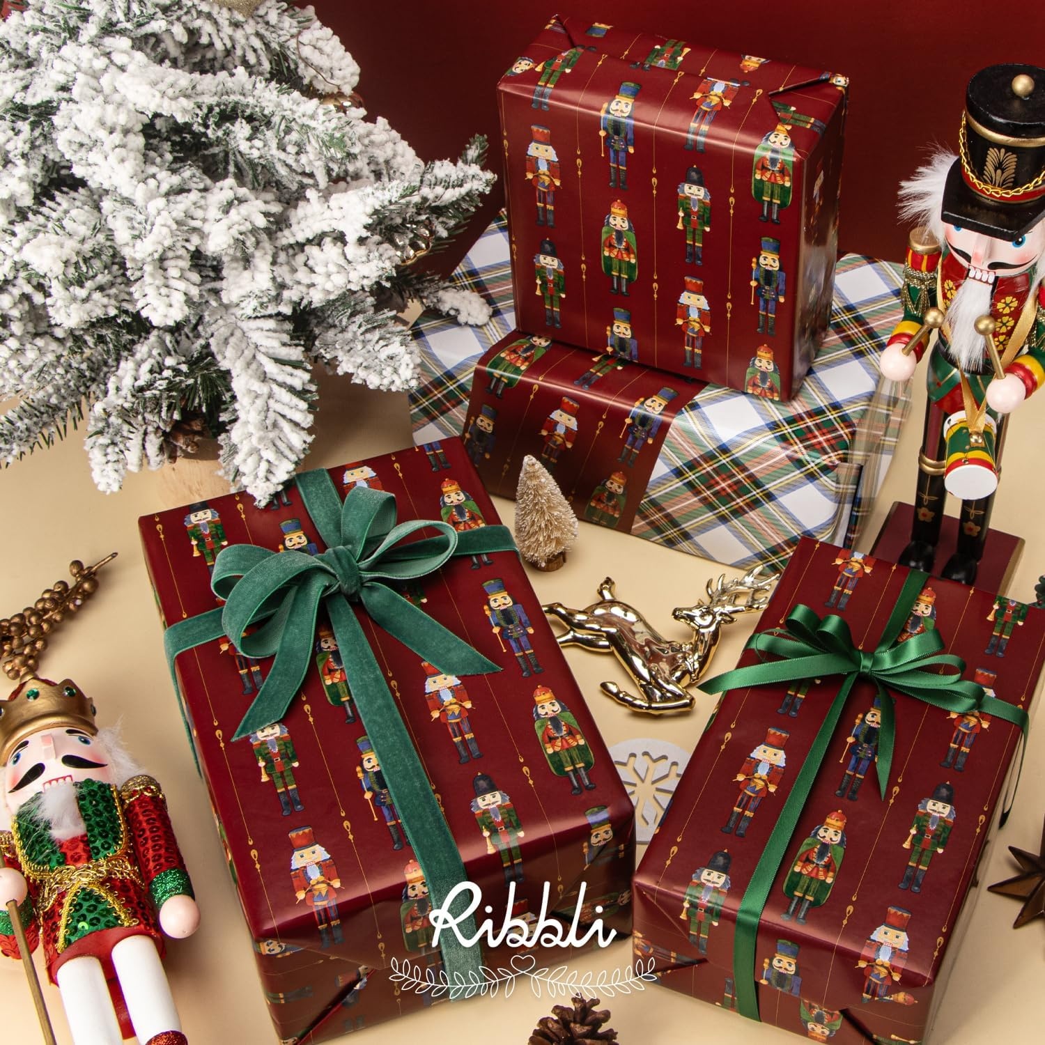 Ribbli Pink Christmas Wrapping Paper Mini Roll Metallic Foil Shine Santa Reindeer Candy Cane Gift Wrapping Paper, Mini Roll-17 Inch x 33 Feet(Nutcracker Red/Tartan)