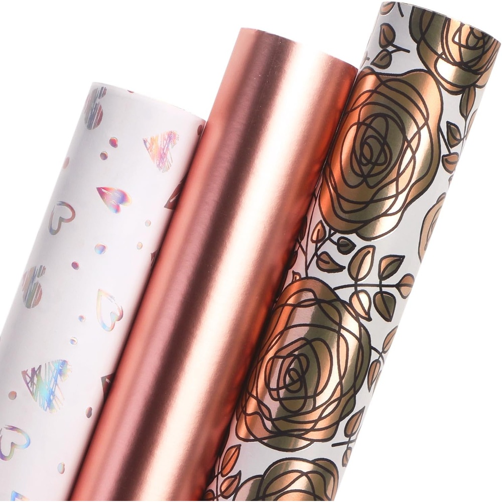 Ribbli Floral Wrapping Paper Mini Roll, 3 Rolls Dusty Blue Vintage Flower Gift Wrap for Mother’s Day Women Girl Friend Wedding – 17 inch x 120 inch(10feet) Per Roll(Rose Gold)
