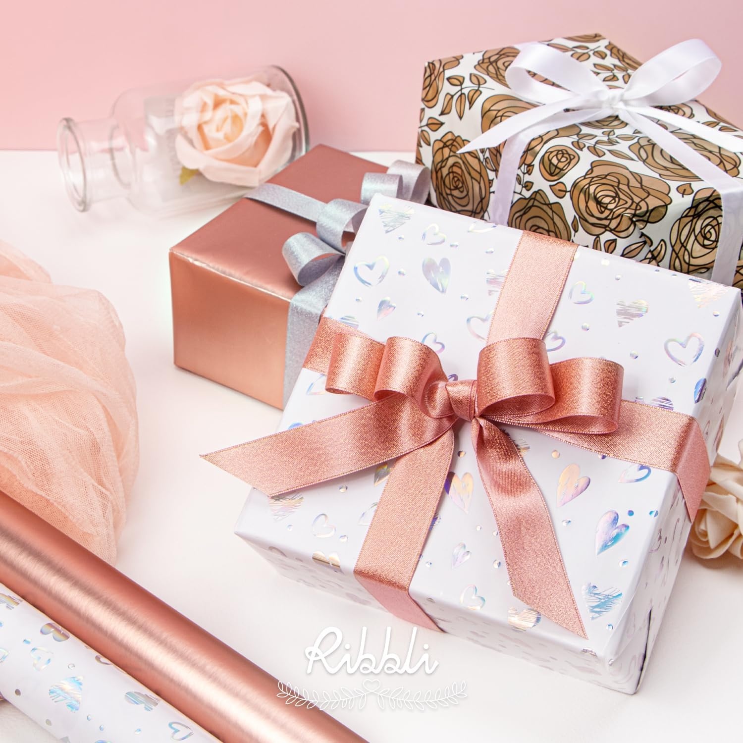 Ribbli Floral Wrapping Paper Mini Roll, 3 Rolls Dusty Blue Vintage Flower Gift Wrap for Mother’s Day Women Girl Friend Wedding – 17 inch x 120 inch(10feet) Per Roll(Rose Gold)