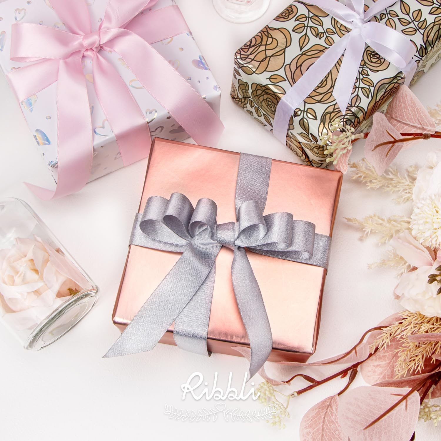 Ribbli Floral Wrapping Paper Mini Roll, 3 Rolls Dusty Blue Vintage Flower Gift Wrap for Mother’s Day Women Girl Friend Wedding – 17 inch x 120 inch(10feet) Per Roll(Rose Gold)
