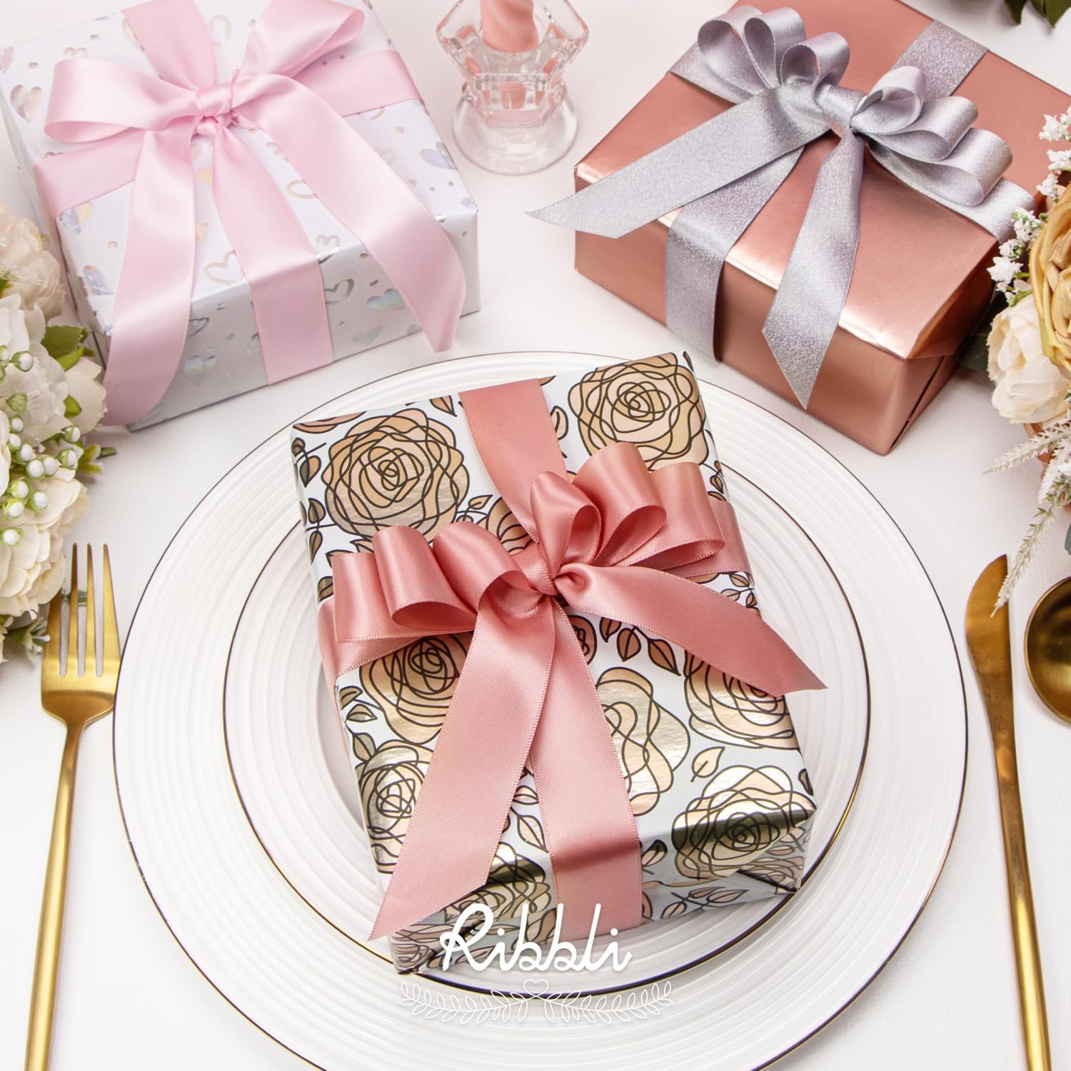 Ribbli Floral Wrapping Paper Mini Roll, 3 Rolls Dusty Blue Vintage Flower Gift Wrap for Mother’s Day Women Girl Friend Wedding – 17 inch x 120 inch(10feet) Per Roll(Rose Gold)