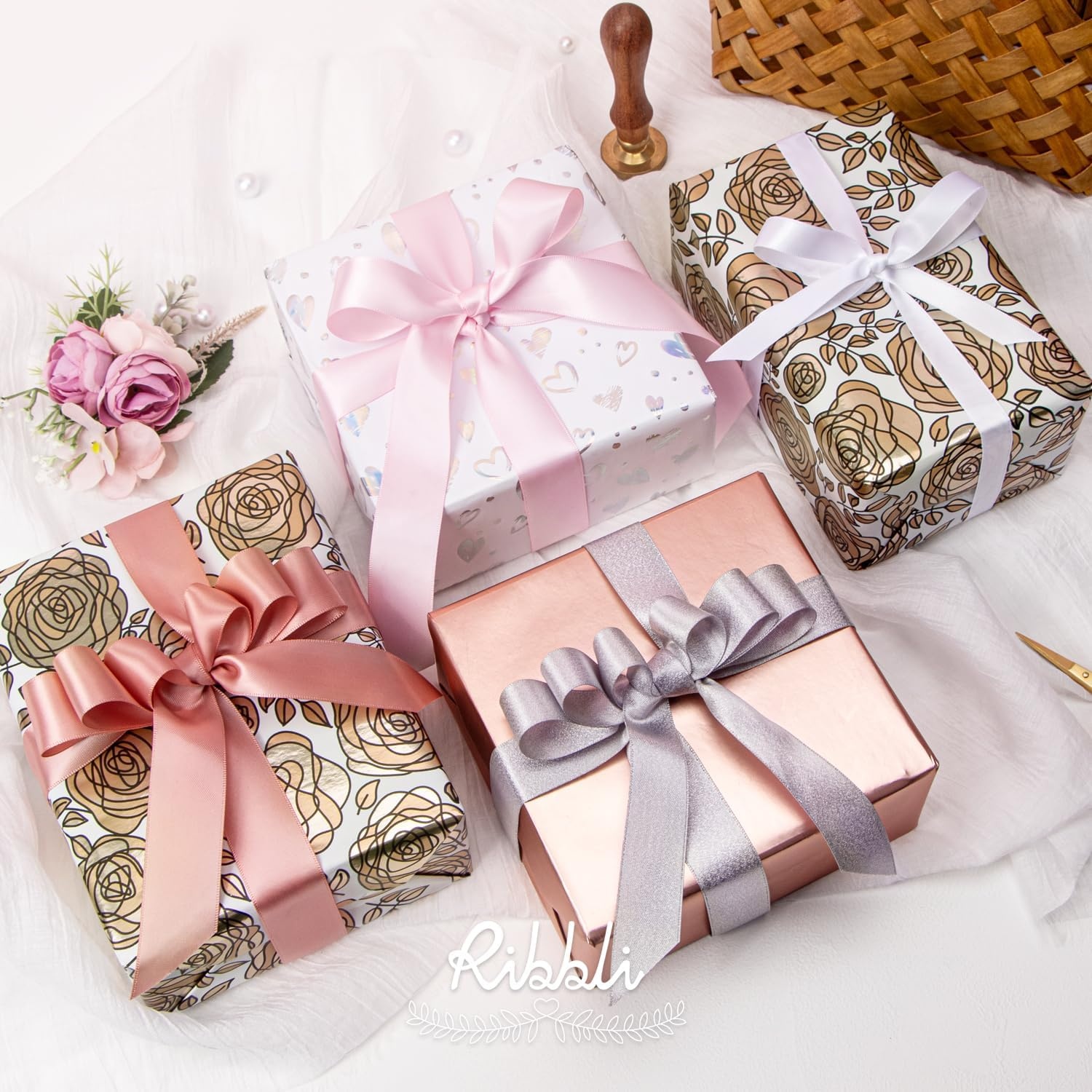 Ribbli Floral Wrapping Paper Mini Roll, 3 Rolls Dusty Blue Vintage Flower Gift Wrap for Mother’s Day Women Girl Friend Wedding – 17 inch x 120 inch(10feet) Per Roll(Rose Gold)