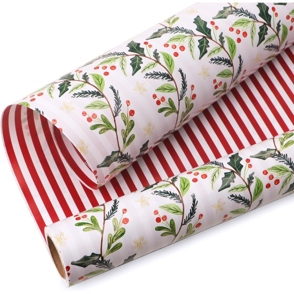 Ribbli Pink Christmas Wrapping Paper Mini Roll Gingerbread Man and Candy Cane Gift Wrapping Paper for Girls Kids, Mini Roll-17 Inch x 33 Feet(Holly Berry/Red Stripe)