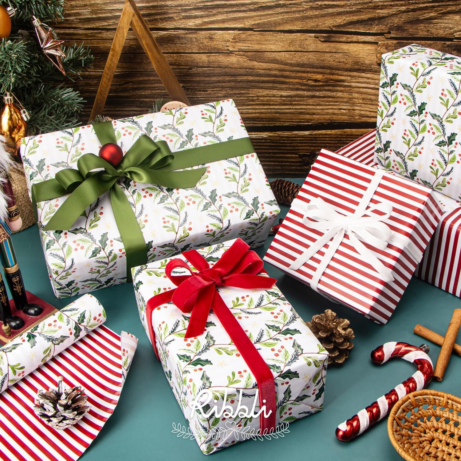 Ribbli Pink Christmas Wrapping Paper Mini Roll Gingerbread Man and Candy Cane Gift Wrapping Paper for Girls Kids, Mini Roll-17 Inch x 33 Feet(Holly Berry/Red Stripe)
